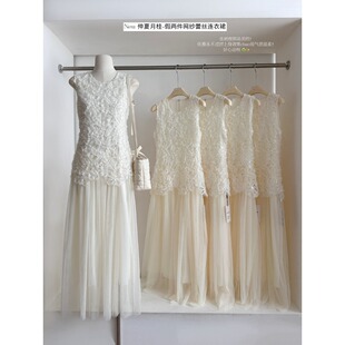 solo爆爆仲夏月桂假两件网纱蕾丝连衣裙女高级感刺绣花朵背心裙