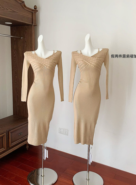 Fart Shop沉香低语 假两件露肩女收腰褶皱针织长袖包臀连衣裙