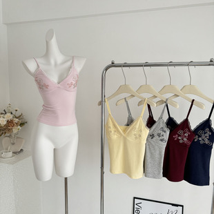 Ranwear 甜系特调时髦V领拼接蕾丝边撞色绣珠修身显身材吊带背心