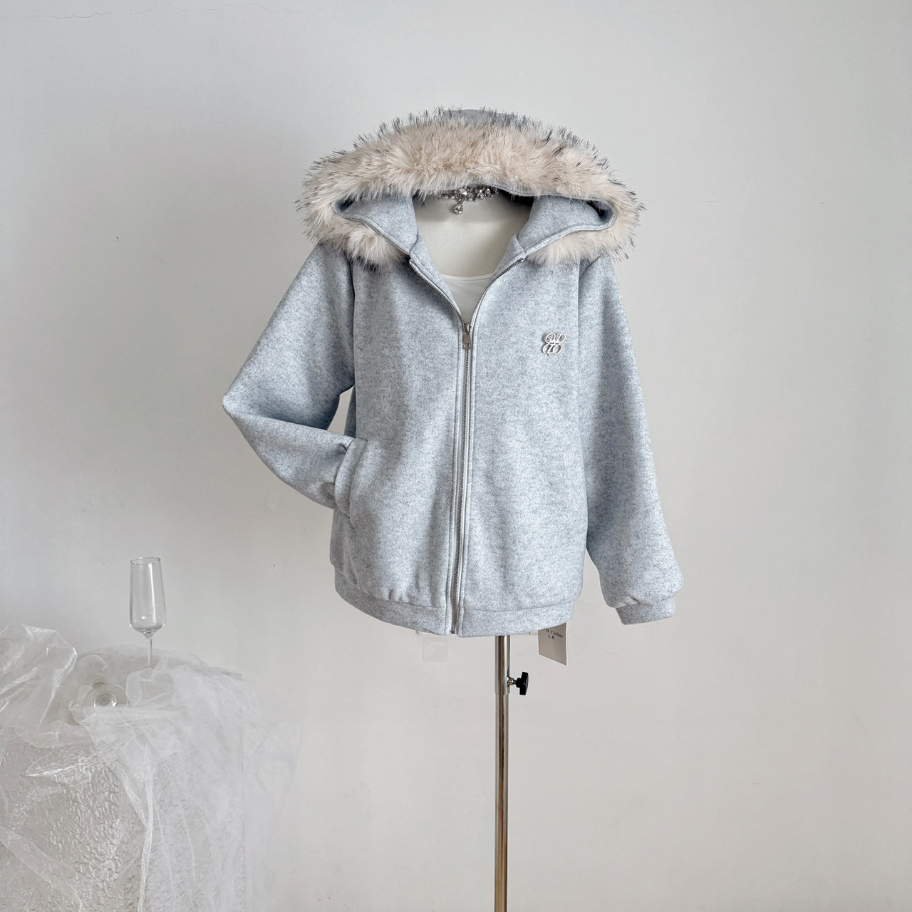 QDQD 原创连帽毛领羊毛呢子大衣夹棉加厚保暖秋冬季拉链卫衣外套