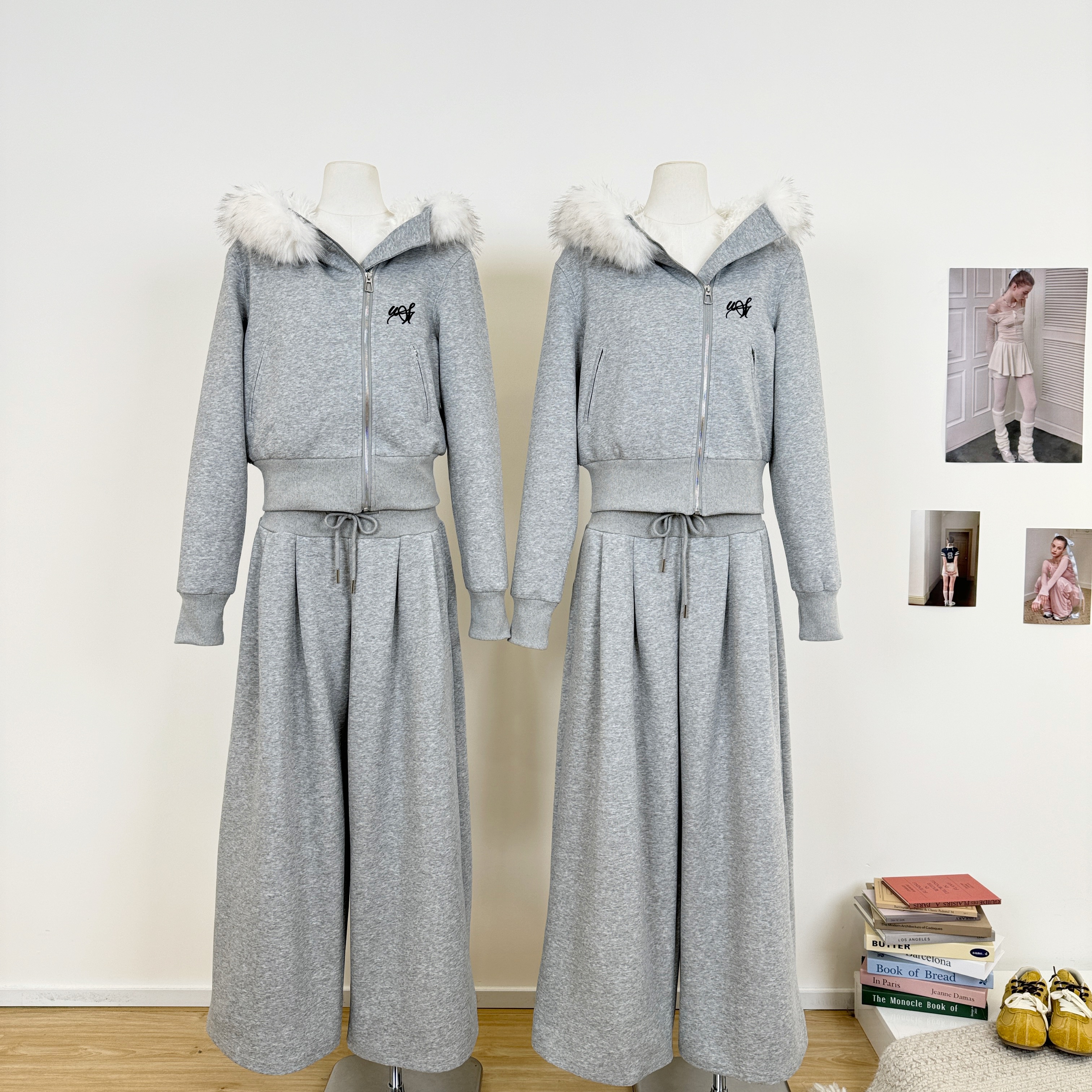 精选 加绒毛领针织拉链灰色卫衣开衫外套女+卫裤