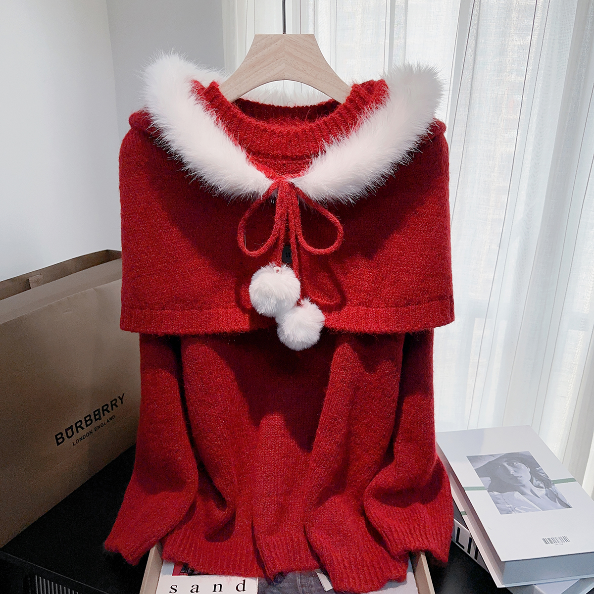 新年红圣诞红连帽斗蓬毛衣两件套秋冬新款小众宽松针织上衣