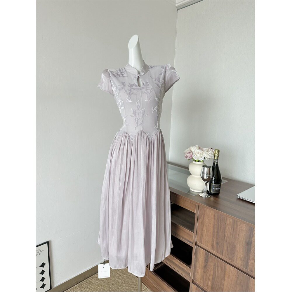 新中式国风植绒拼接改良旗袍女夏旗袍领连衣裙