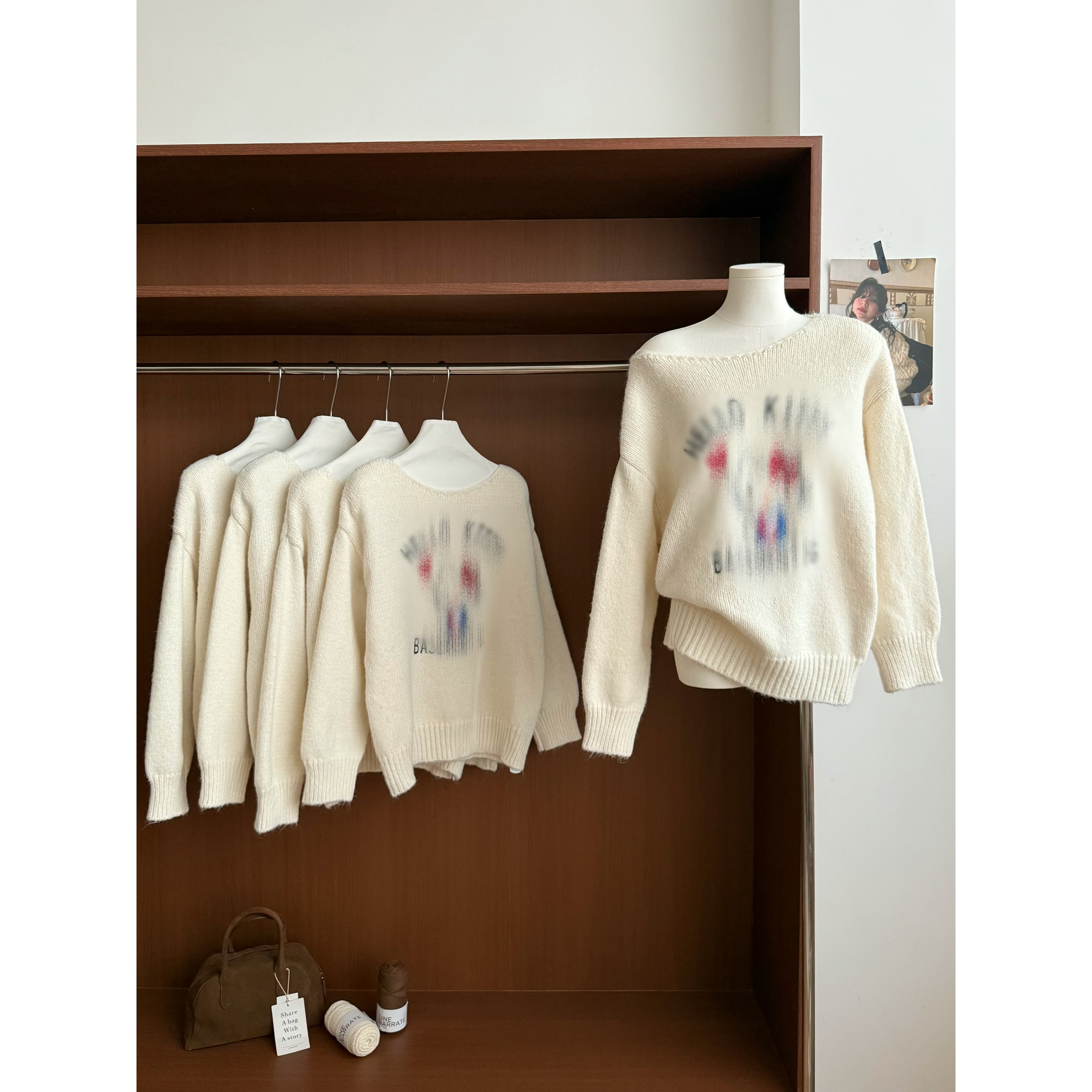 XUEGAOJIA 2025章若楠同款kt刺绣斜肩毛衣女秋冬