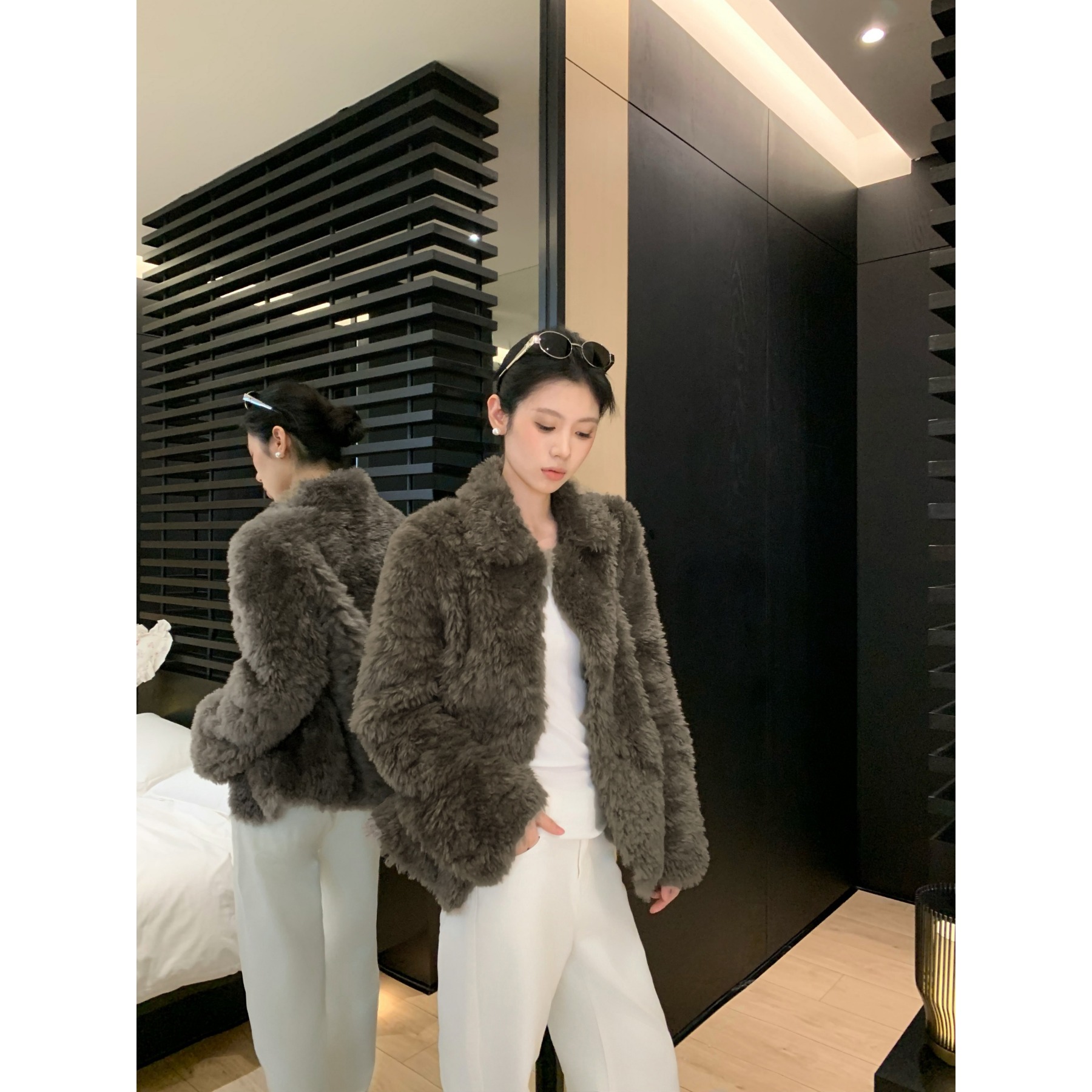 werkwen 小奶卷定染乌木咖 短款环保小翻领皮毛一体皮草外套