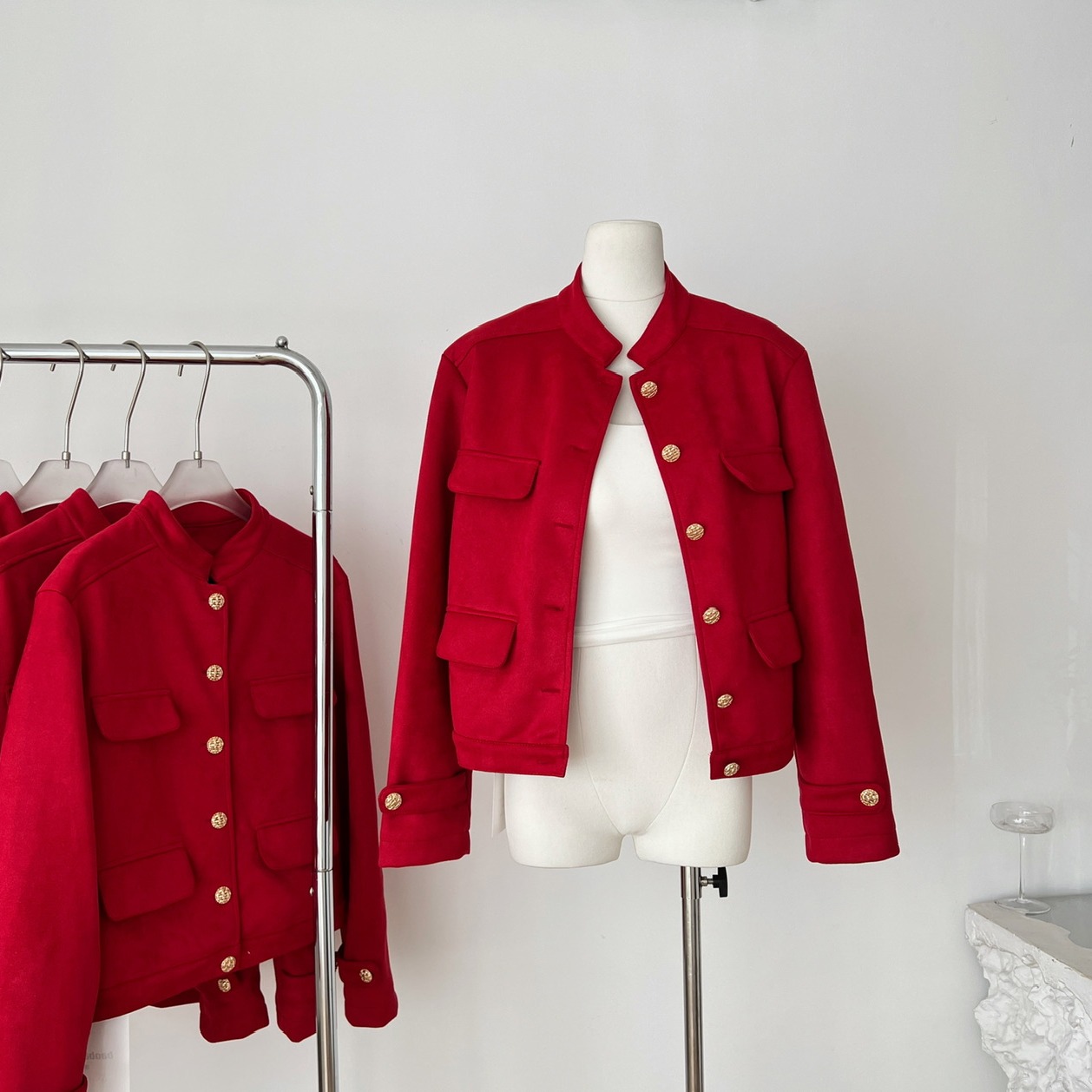 ATMOAOSU“RED赤霞”红色复古高级感麂皮立领外套宽松设计感夹克