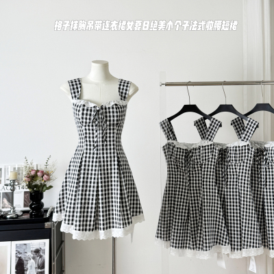 格子抹胸吊带连衣裙女夏日绝美小个子法式独特漂亮短款收腰背心裙
