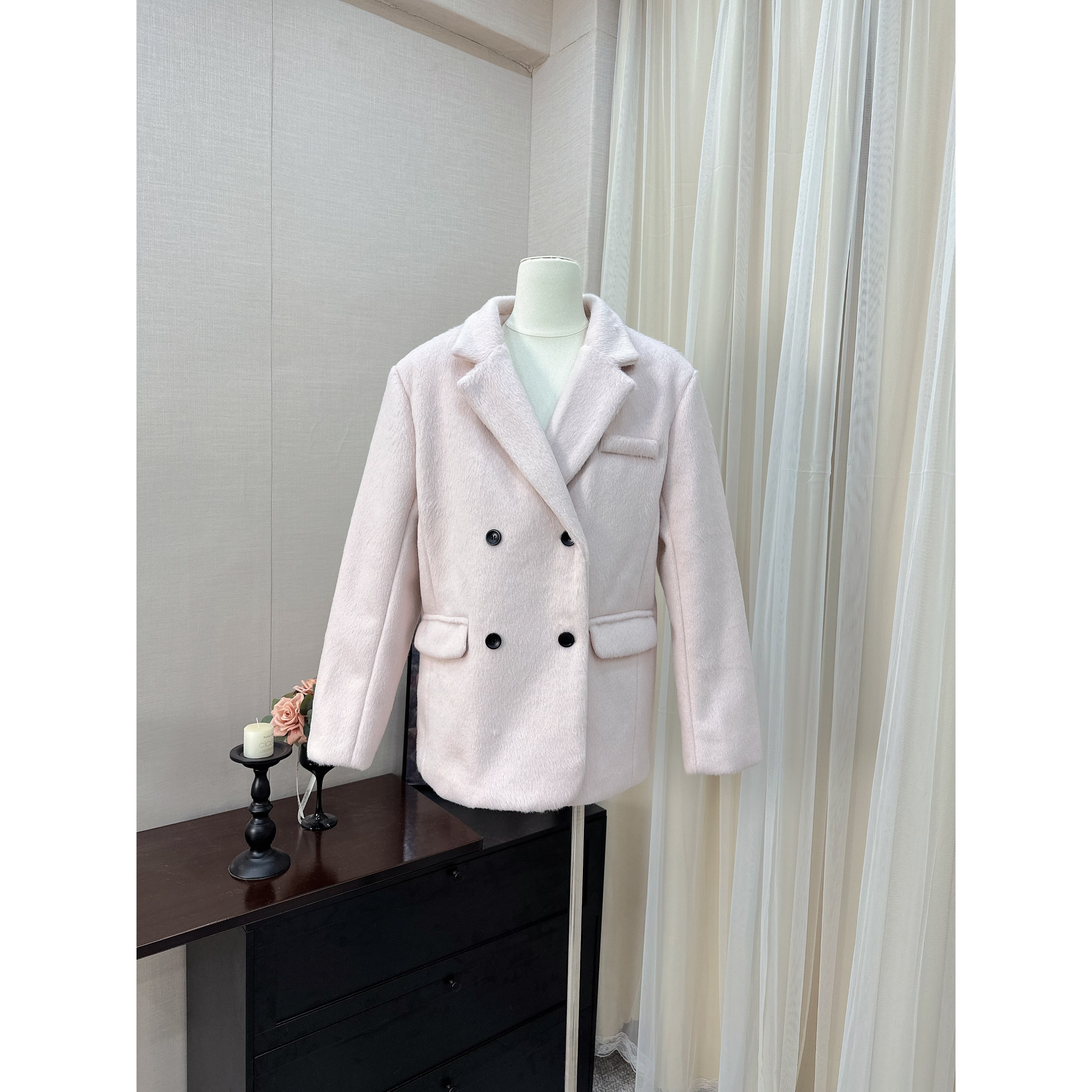 ffcheer韩剧女主 粉色羊毛呢西装外套女秋冬厚短款呢子大衣小个子