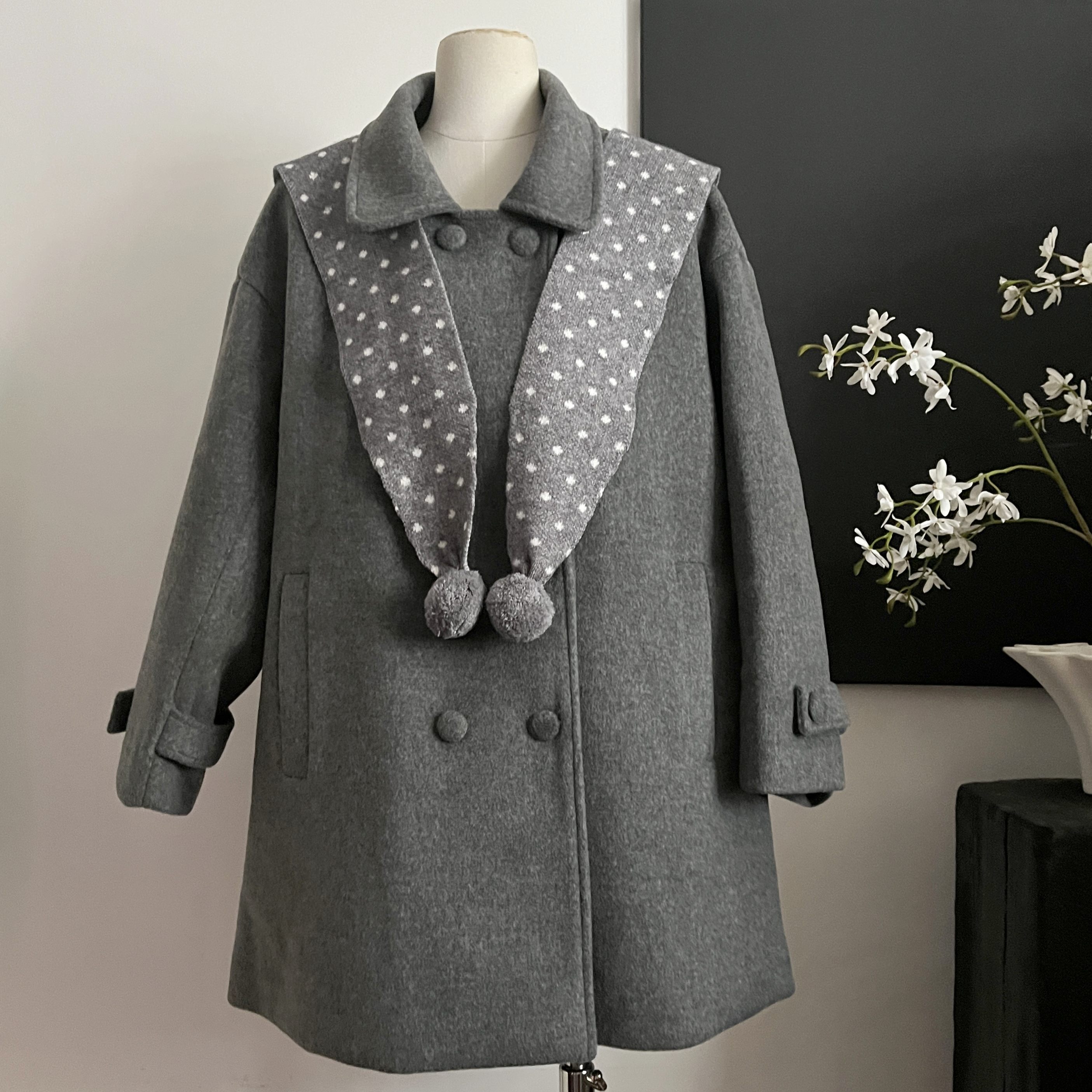 PtonUmi 波点艺术家 翻领双排扣毛呢大衣女冬中长款夹棉呢子外套