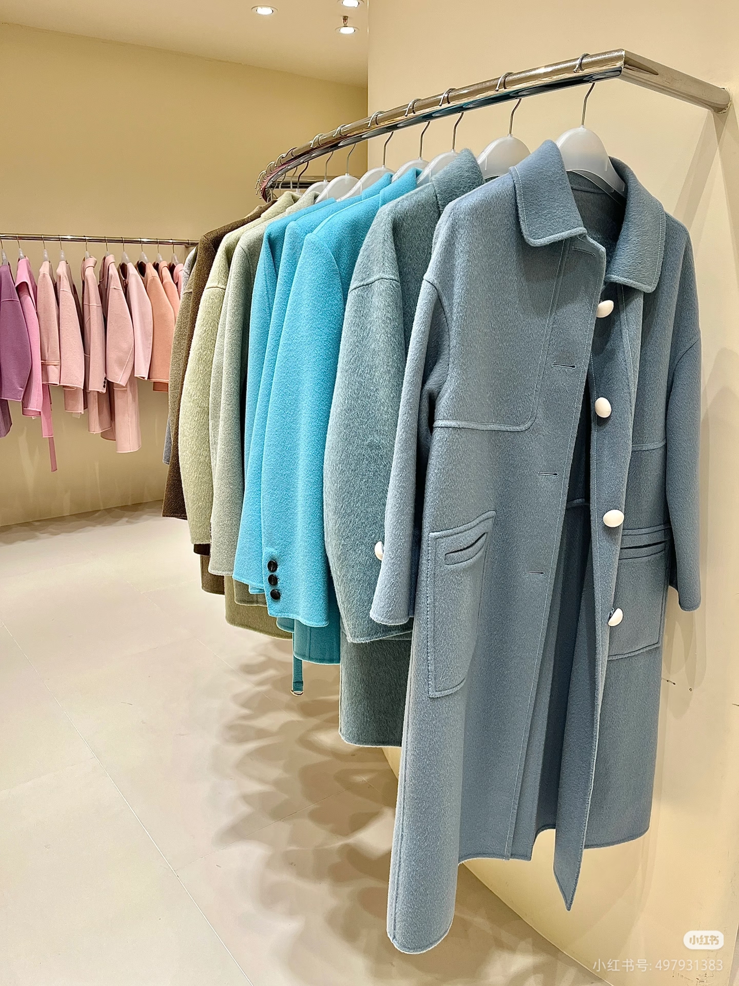 湖水蓝文艺休闲小翻领双面羊毛羊绒呢大衣学院风长款过膝外套女