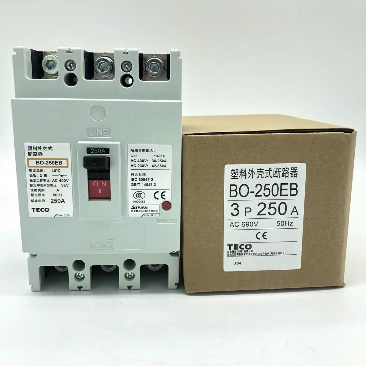原装东元teco台安塑壳断路器bo-250eb 3p 175/200/225/250a总制