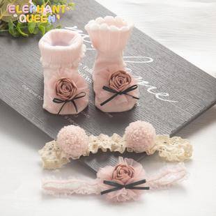 婴儿袜子发带不勒头夏季 纯棉线宝宝发饰婴幼儿满月公主头花礼盒装