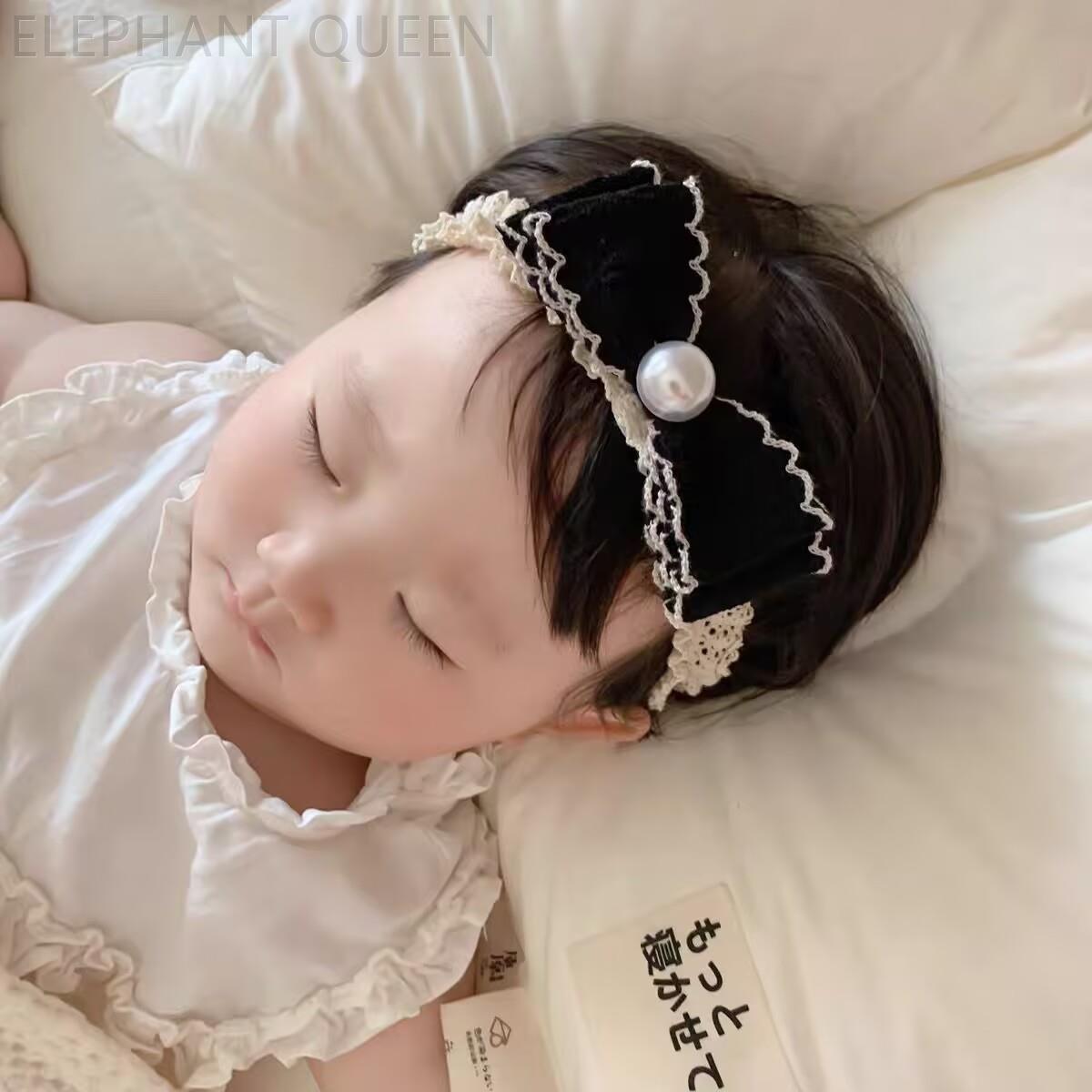 韩版优雅小香风女宝宝发带大珍珠蝴蝶结弹力发箍气质百搭婴儿头饰