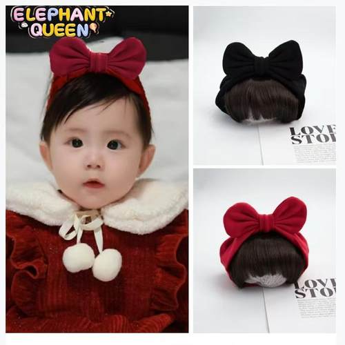 新年婴儿假发生日满月摄影发饰新款幼儿可爱蝴蝶结小宝宝刘海发带