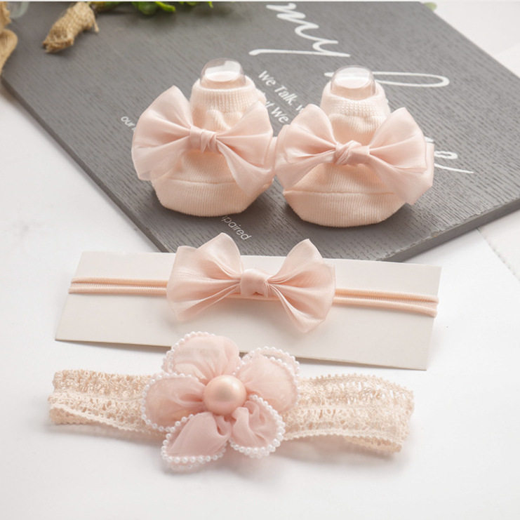 婴儿发饰头带袜子套装小宝宝蝴蝶结发带百日周岁宴会儿童船袜饰品