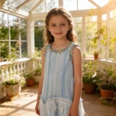 新款 夏季 女童度假清新蓝色镂空连衣裙J25099 小梨专享