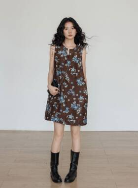 夏季覆古女天丝麻吊带圆领老钱裙QDQ风a字裙印花气质休闲 棉裙子