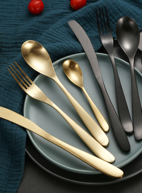 弯月Leon不锈钢18-10西餐牛扒刀叉勺四件套拉丝黑金色餐具家用勺