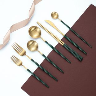 北欧ins墨绿304不锈钢西餐刀叉勺三件套家用牛排餐具甜品叉勺套装