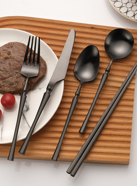 北欧ins小蛮腰哑光黑色304不锈钢刀叉勺西餐牛排餐具套装汤勺叉子
