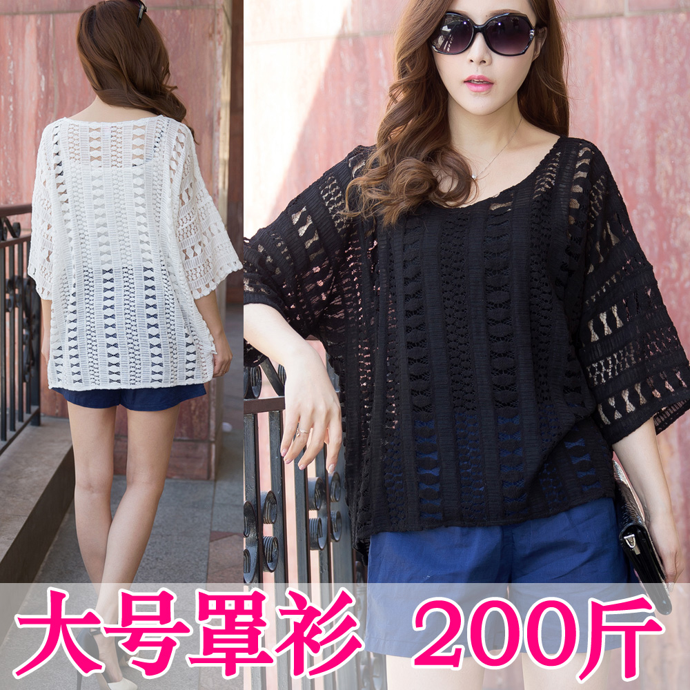 2025夏季新款大号罩衫蕾丝网衫加肥加大胖MM宽松上衣海边度假T恤