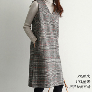 格子无袖 2024秋冬新款 韩版 千鸟格毛呢背心裙胖mm中长款 连衣裙 大码