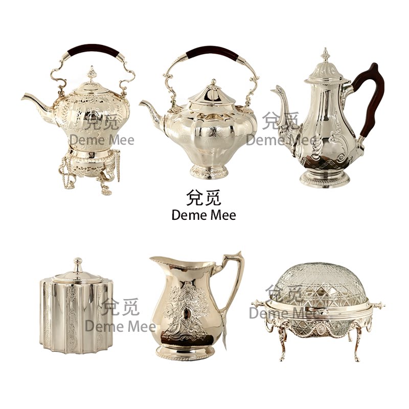 欧式复古黄铜镀银茶具套装轻奢雕花咖啡壶糖罐奶罐样板间软装摆件
