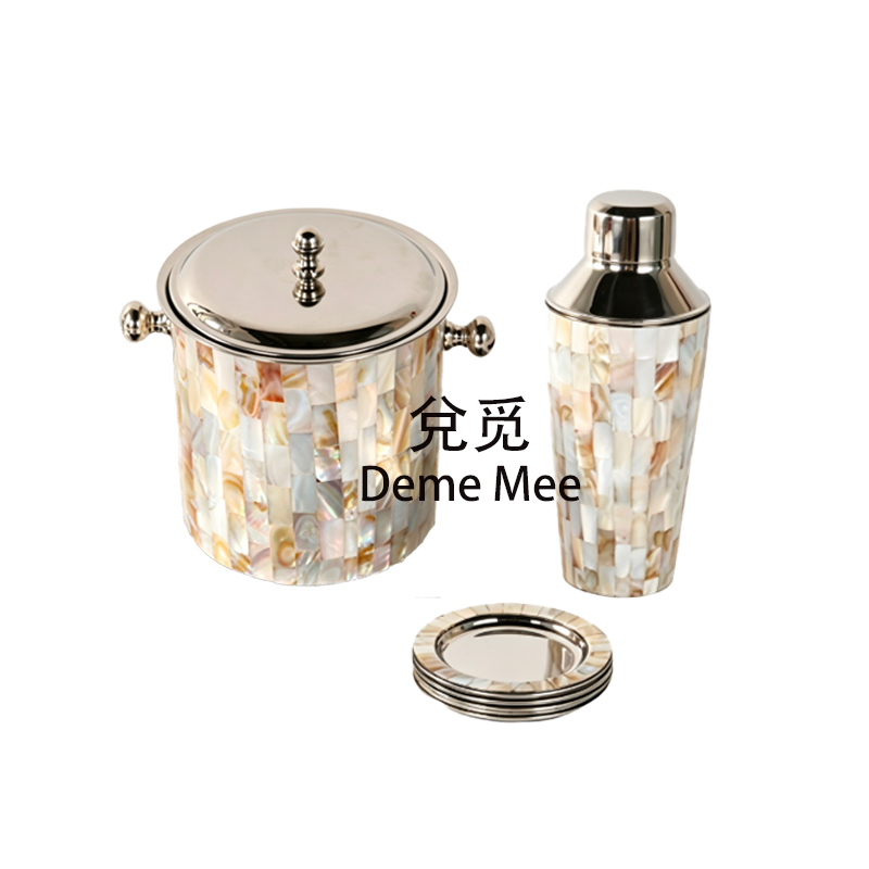 法式轻奢贝壳纹调酒套装复古不锈钢冰桶摇酒器样板间吧台装饰摆件