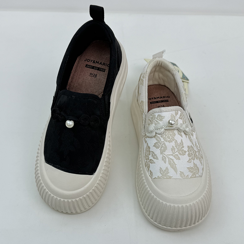 JM快乐玛丽秋季新中式盘扣一脚蹬乐福鞋厚底增高休闲女鞋百搭布鞋