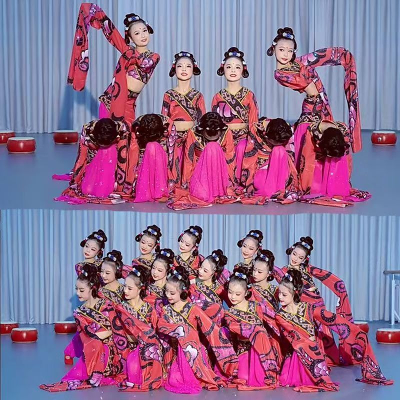 儿童汉唐楚优舞蹈服中国风古典舞民族服楚鼓声声红色水袖演出服装