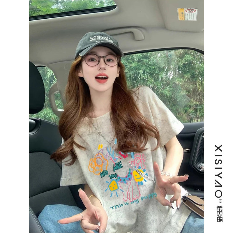 美式复古灰色卡通印花短袖女2026春秋新款宽松显瘦T恤上衣女ins