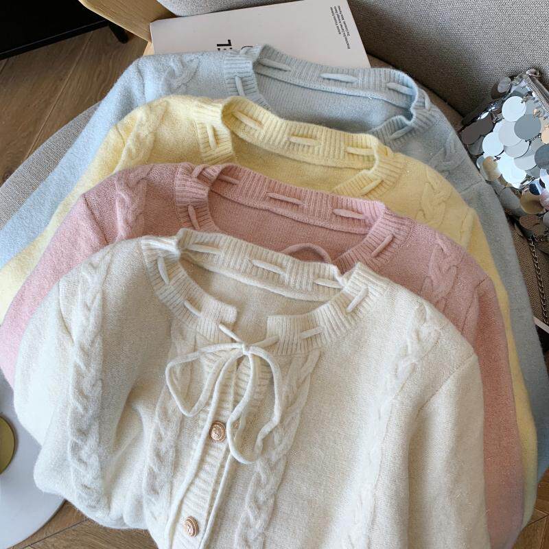 绵羊绒圆领开衫系带优质亲肤