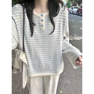 新款慵懒风蓝色条纹撞色针织衫上衣春秋穿搭宽松毛衣女冬打底衫潮