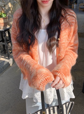 2026新款薄荷曼波绿色蕾丝镂空针织开衫女春夏外搭马海毛罩衫外套