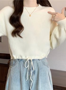 粉色系带收腰宽松套头打底毛衣女春秋百搭长袖软糯针织衫短款上衣
