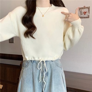 粉色系带收腰宽松套头打底毛衣女春秋百搭长袖软糯针织衫短款上衣