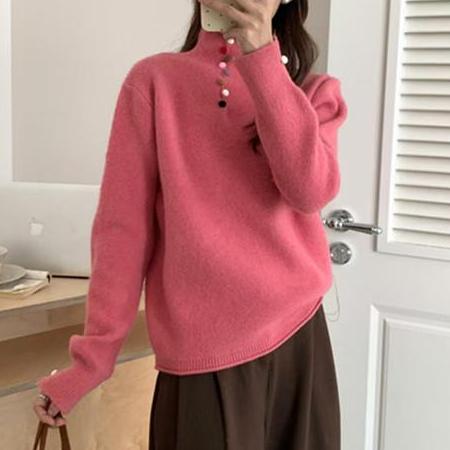 多巴胺彩扣半高领毛衣女早秋打底可外穿独特软糯漂亮针织衫上衣潮