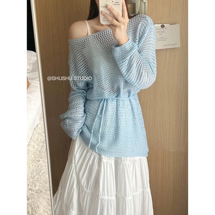 法式镂空蓝色慵懒长袖冰丝针织衫女春夏薄款绑带收腰空调罩衫上衣