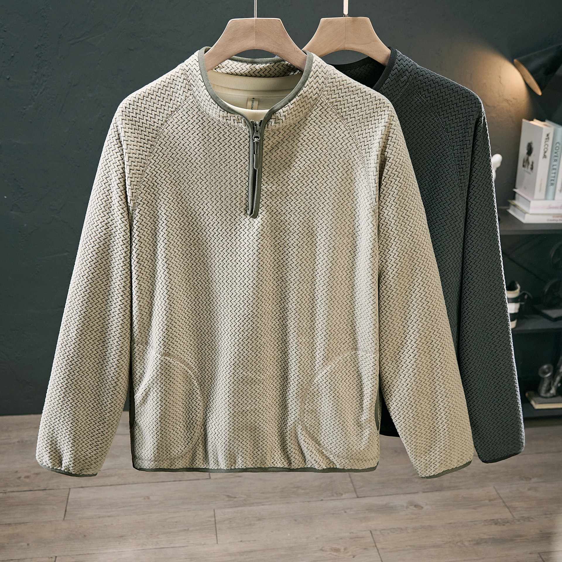 长袖套头外套半拉链卫衣男春秋款波浪纹绒面高级感百搭休闲上衣,男装,卫衣,淘宝优惠券,粉丝福利购,淘宝优惠卷