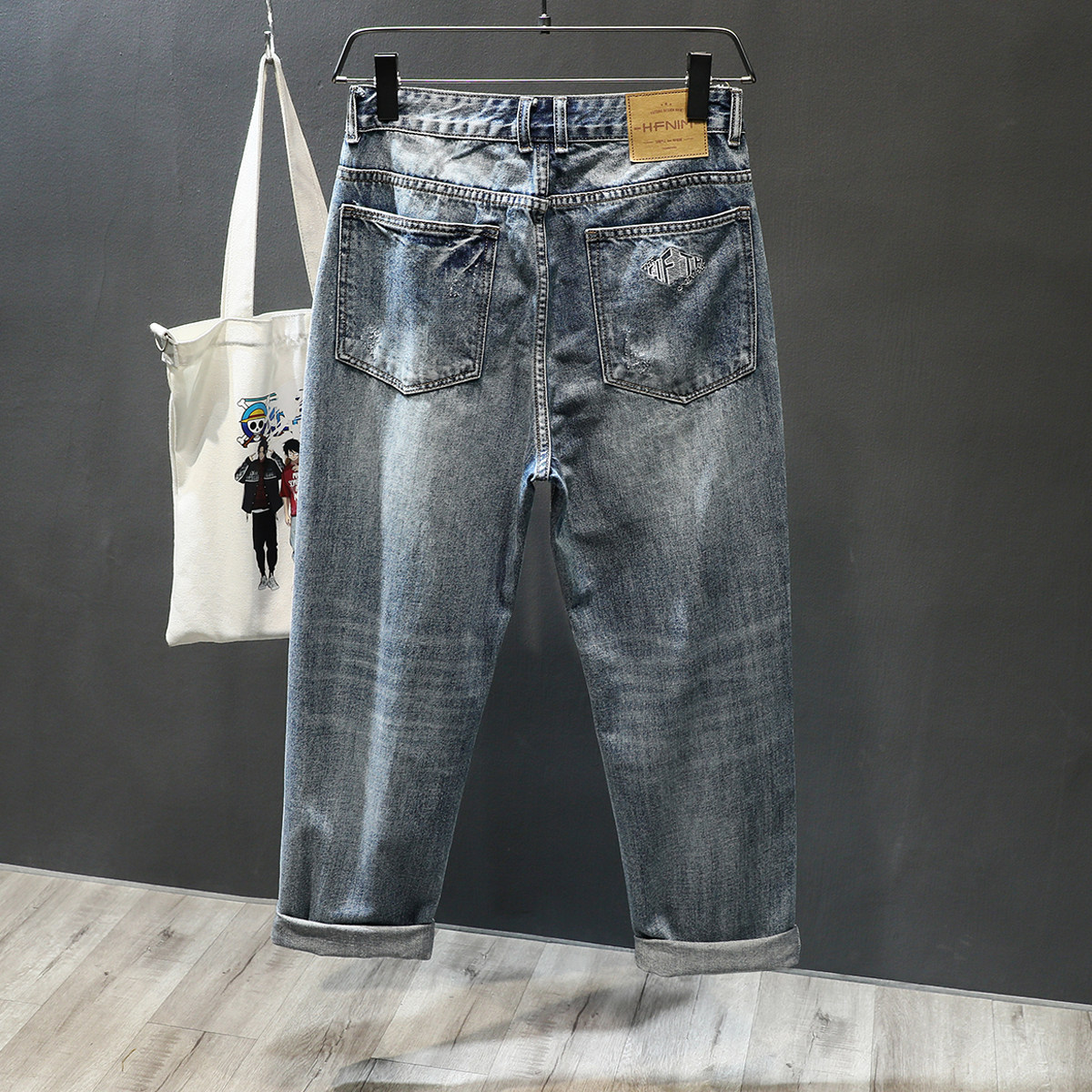 刮烂刺绣阔腿牛仔裤男款秋季薄款宽松直筒裤复古做旧长裤潮流裤子