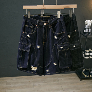 子 男破洞防褪色莱赛尔透气胖子宽松直筒阔腿五分中裤 工装 牛仔短裤