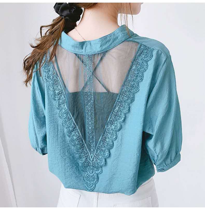 Europe station back lace shirt women's short sleeve 2020 summer new V-neck relaxed careful machine screen shirt