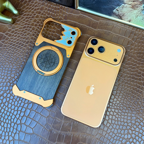 适用于iPhone17pro/max高级金属无边框旋转支架胡桃木纹理13/14/15/16pm手机保护壳