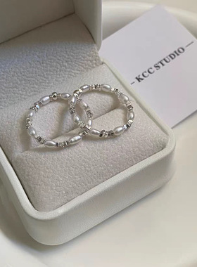 碎银子珍珠戒指素圈小众高级感弹力绳闭口戒女款食指戒简约轻奢