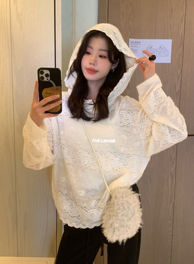 THE LIMON柠檬绿茶冬季绝美重工钩花蕾丝拼接连帽微弹小衫女9359