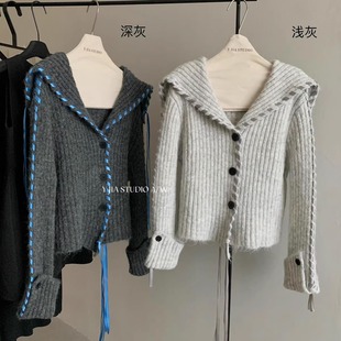 保暖毛衣女676 Y.JIA十三行秋季 慵懒宽松翻领设计感飘带针织开衫