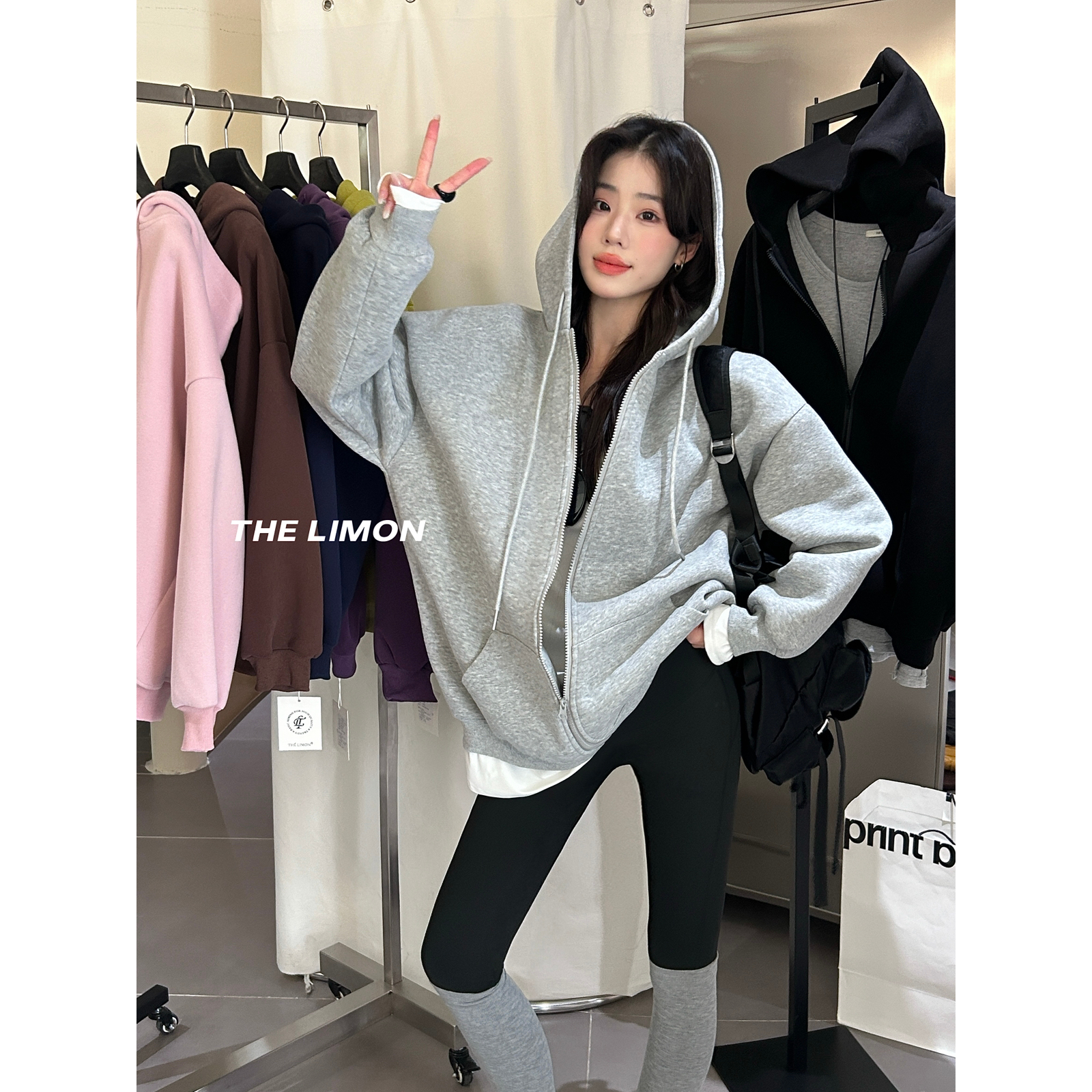 THE LIMON柠檬绿茶松弛感休闲慵懒风百搭拉链连帽卫衣外套女9265