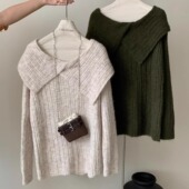 女609 Y.JIA伊嘉十三行秋季 慵懒风一字肩翻领软糯宽松百搭针织衫