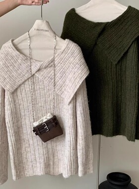 Y.JIA伊嘉十三行秋季慵懒风一字肩翻领软糯宽松百搭针织衫女609-5