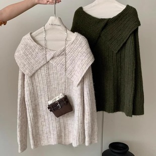 女609 Y.JIA伊嘉十三行秋季 慵懒风一字肩翻领软糯宽松百搭针织衫